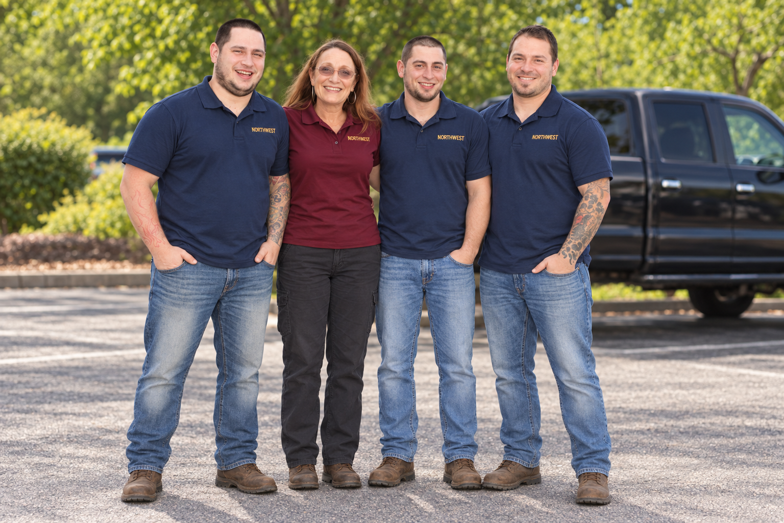 AI-edited portrait of Jason standing with his mom and two brothers in NorthWest shirts